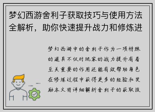 梦幻西游舍利子获取技巧与使用方法全解析，助你快速提升战力和修炼进度